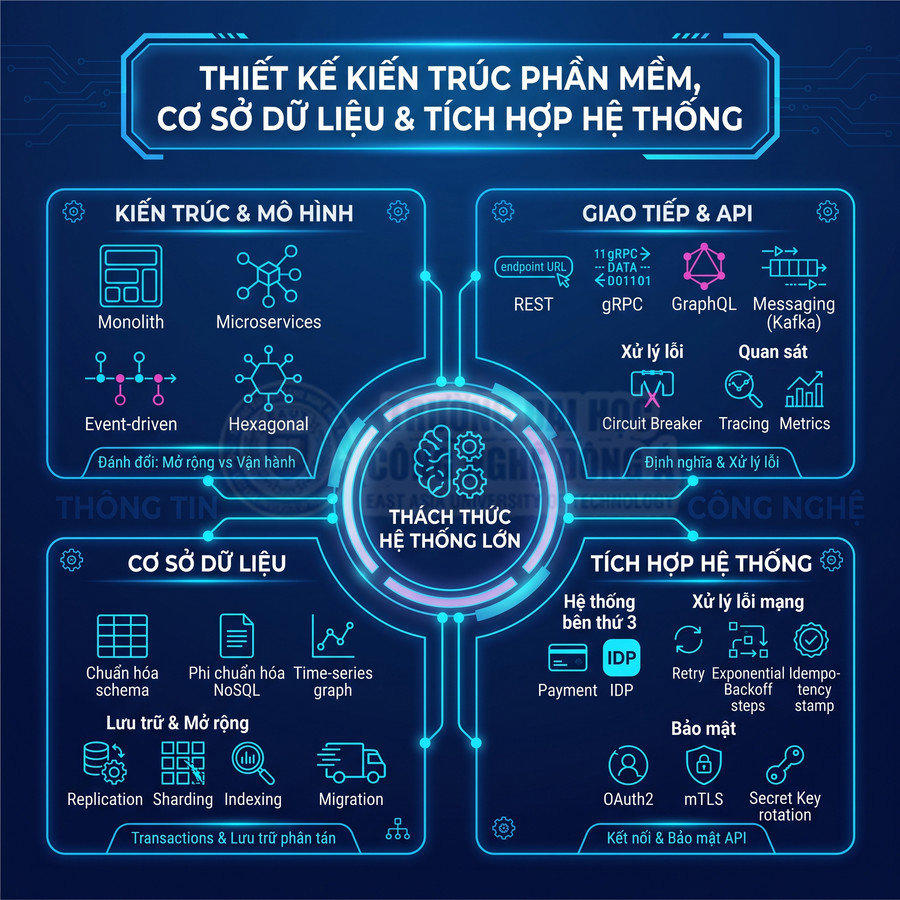 Sơ đồ thiết kế kiến trúc phần mềm, cơ sở dữ liệu và tích hợp hệ thống với các mô hình, API và giải pháp bảo mật