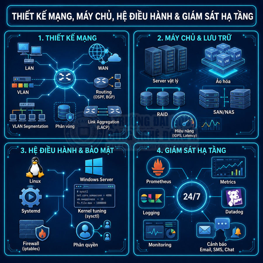 Sơ đồ thiết kế mạng, máy chủ, hệ điều hành và giám sát hạ tầng với các công cụ và dịch vụ minh họa
