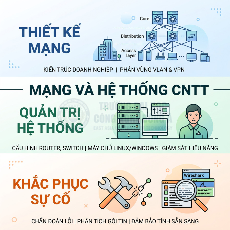Thiết kế mạng, quản trị hệ thống CNTT và khắc phục sự cố với cấu hình router switch máy chủ giám sát hiệu năng