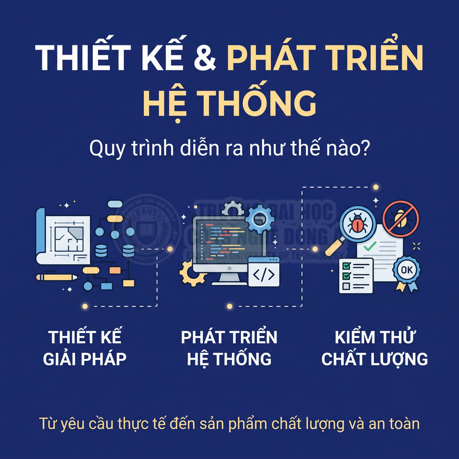 Quy trình thiết kế và phát triển hệ thống gồm thiết kế giải pháp, lập trình và kiểm thử chất lượng an toàn.
