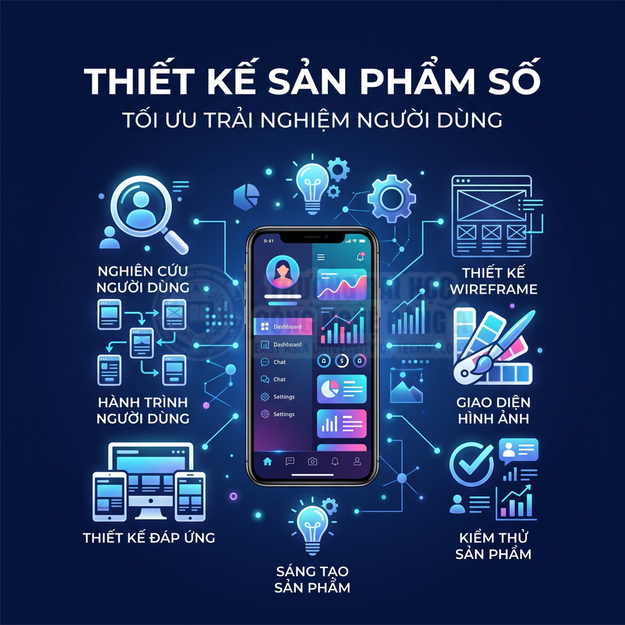 Minh họa quy trình thiết kế sản phẩm số tối ưu trải nghiệm người dùng quanh giao diện ứng dụng di động