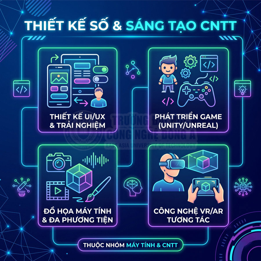 Thiết kế số và sáng tạo CNTT với UI UX, phát triển game, đồ họa đa phương tiện, công nghệ VR AR tương tác