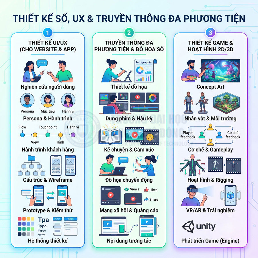 Infographic giới thiệu các lĩnh vực thiết kế số, UX, truyền thông đa phương tiện và thiết kế game 2D 3D