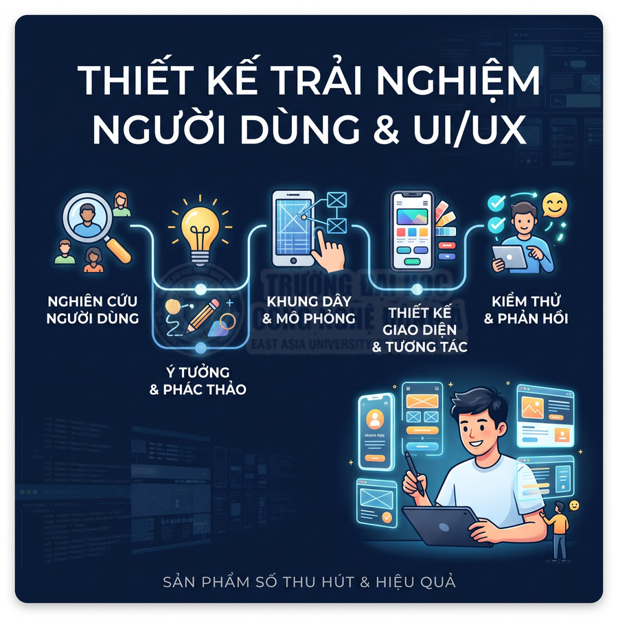 Quy trình thiết kế trải nghiệm người dùng UI UX với nghiên cứu, phác thảo, wireframe, thiết kế giao diện và kiểm thử