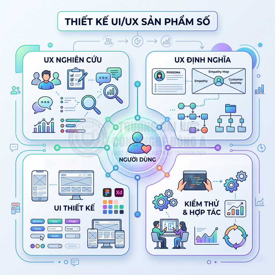 Mô hình quy trình thiết kế UI UX sản phẩm số xoay quanh người dùng với nghiên cứu, định nghĩa, thiết kế, kiểm thử