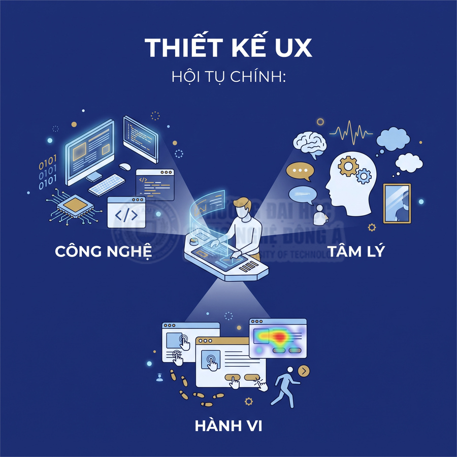 Minh họa thiết kế UX kết hợp công nghệ, tâm lý và hành vi người dùng trên nền xanh