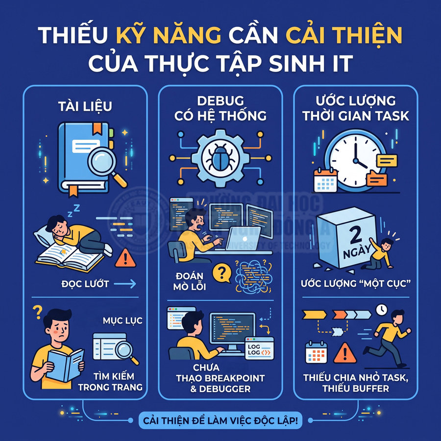 Thiếu kỹ năng cần cải thiện của thực tập sinh IT về tài liệu, debug có hệ thống và ước lượng thời gian task