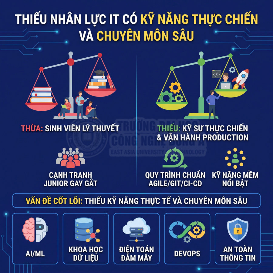 Infographic thiếu nhân lực IT có kỹ năng thực chiến, nhấn mạnh kỹ năng thực tế và chuyên môn sâu trong các lĩnh vực AI, DevOps, bảo mật