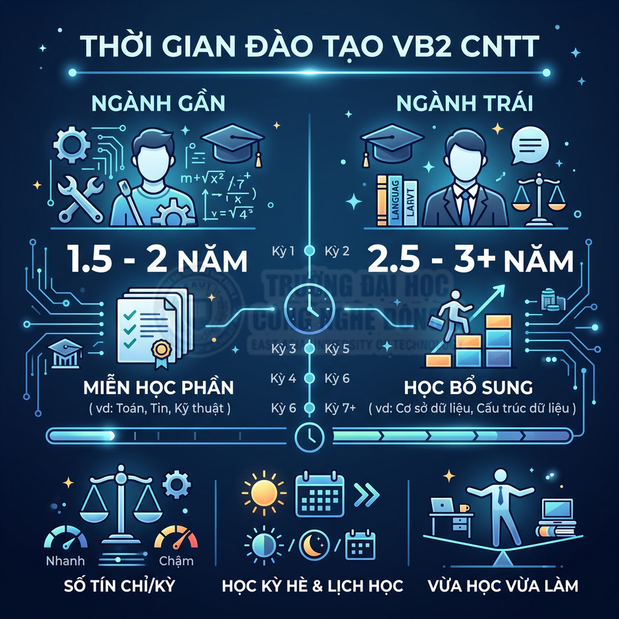 Infographic thời gian đào tạo văn bằng 2 CNTT cho ngành gần và ngành trái, nêu số năm học và các học phần bổ sung
