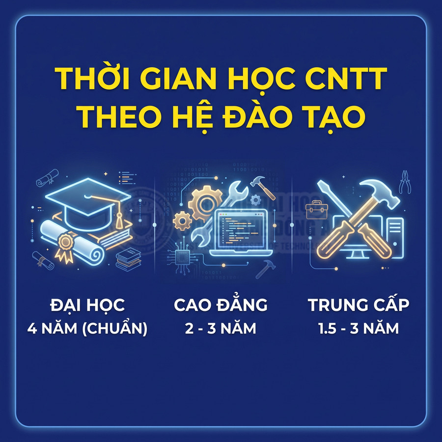 Thời gian học ngành CNTT theo hệ đào tạo đại học 4 năm cao đẳng 2 đến 3 năm trung cấp 1.5 đến 3 năm