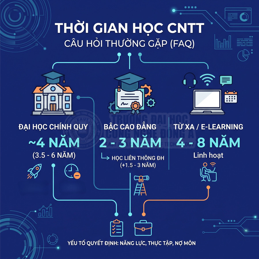 Infographic thời gian học ngành CNTT cho đại học chính quy, cao đẳng và từ xa e learning với các mốc năm học