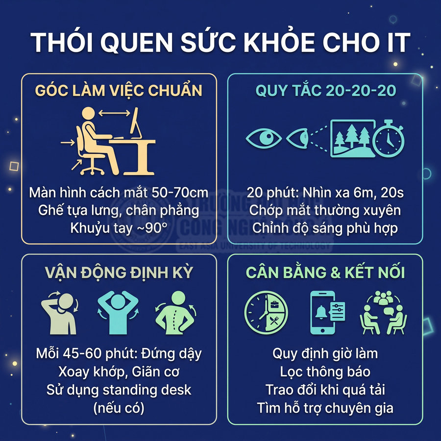Infographic thói quen sức khỏe cho dân IT với tư thế làm việc chuẩn, vận động định kỳ và cân bằng thời gian làm việc