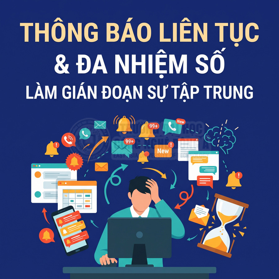 Minh họa nhân viên mất tập trung trước máy tính vì thông báo liên tục và đa nhiệm trên điện thoại, email và lịch làm việc