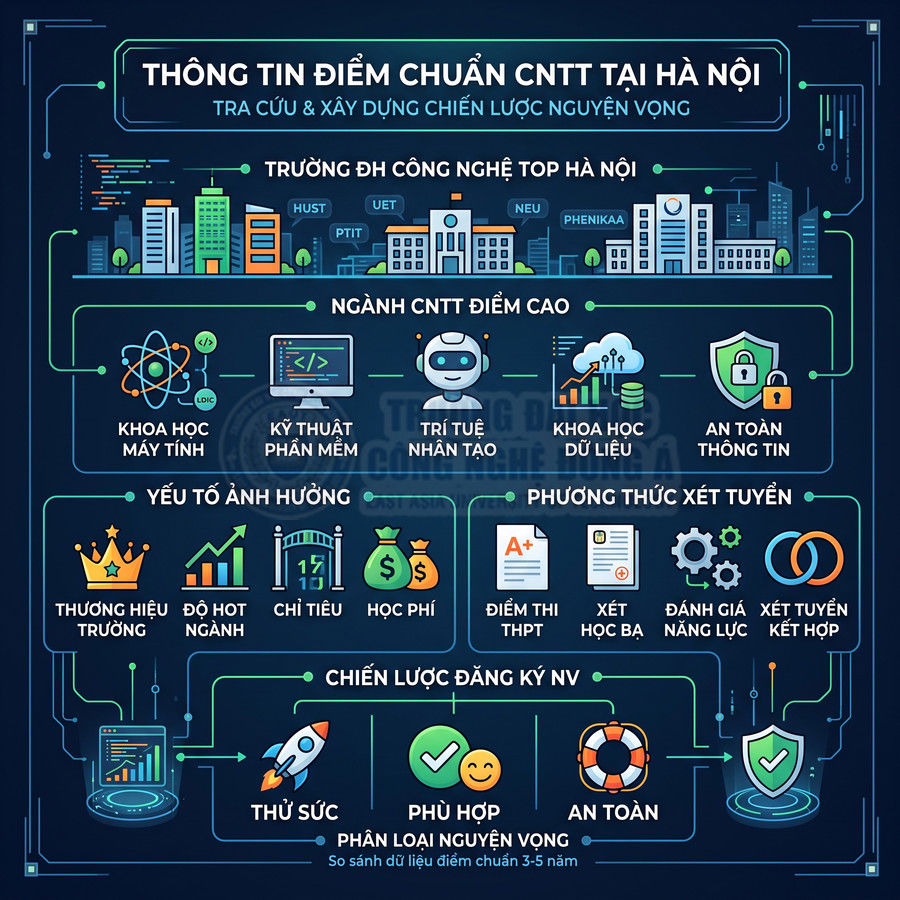 Infographic điểm chuẩn ngành CNTT tại Hà Nội, các trường top, ngành hot, yếu tố ảnh hưởng và chiến lược đăng ký nguyện vọng