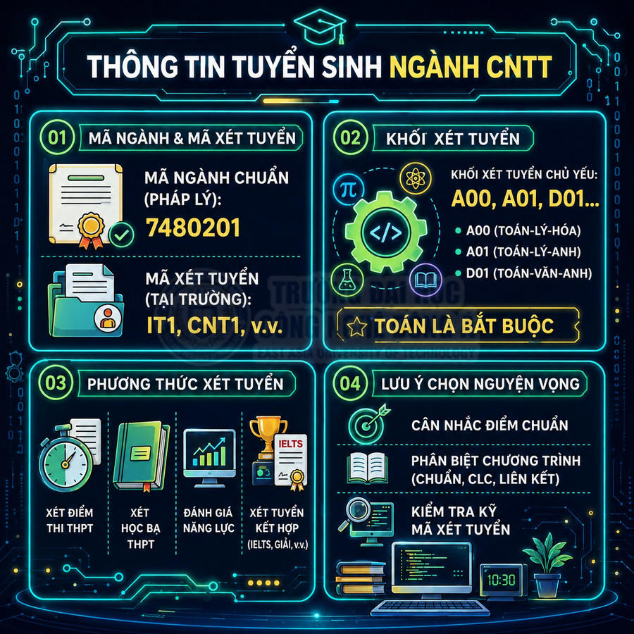 Infographic thông tin tuyển sinh ngành công nghệ thông tin với mã ngành, khối xét tuyển và phương thức xét tuyển