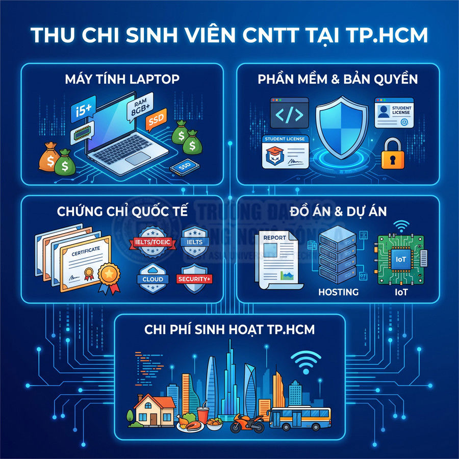 Infographic các khoản chi phí sinh viên CNTT tại TP.HCM như laptop, phần mềm bản quyền, chứng chỉ, dự án và sinh hoạt