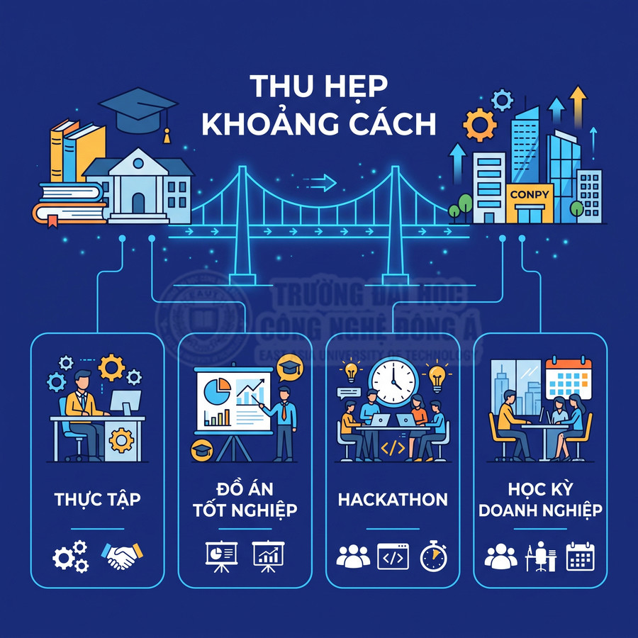 Mô hình thu hẹp khoảng cách giữa trường đại học và doanh nghiệp qua thực tập, đồ án, hackathon, học kỳ doanh nghiệp