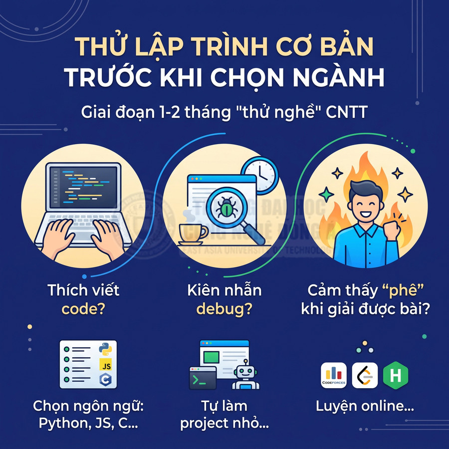 Poster giới thiệu thử lập trình cơ bản 1 đến 2 tháng trước khi chọn ngành CNTT, gợi ý học code và luyện online