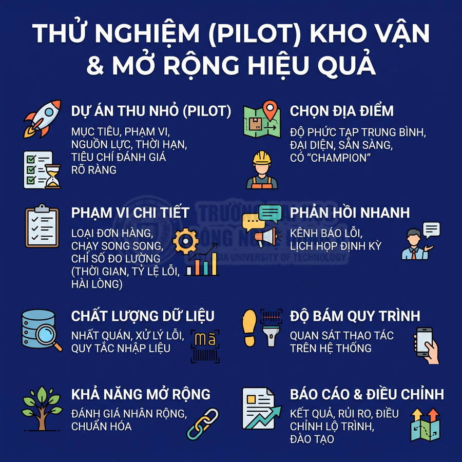 Các tiêu chí thử nghiệm kho vận pilot và mở rộng hiệu quả, từ chọn địa điểm đến báo cáo và điều chỉnh quy trình