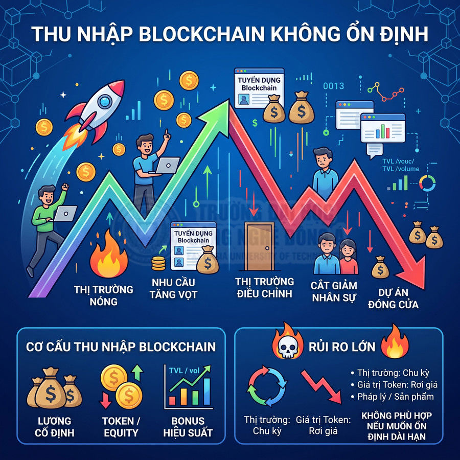 Infographic tiếng Việt về thu nhập blockchain không ổn định, mô tả chu kỳ thị trường, rủi ro và cơ cấu lương thưởng