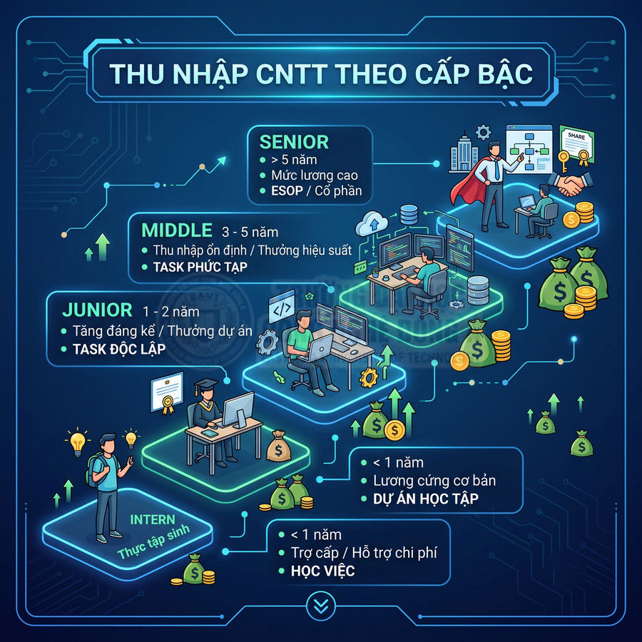 Thu nhập ngành CNTT theo cấp bậc từ intern, junior, middle đến senior kèm mô tả kinh nghiệm và mức lương