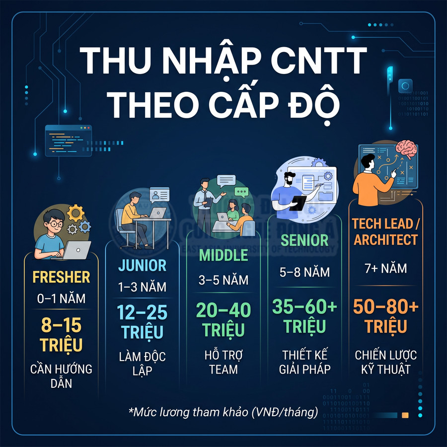 Bảng thu nhập ngành CNTT theo cấp độ từ fresher đến tech lead architect kèm kinh nghiệm và mức lương VNĐ