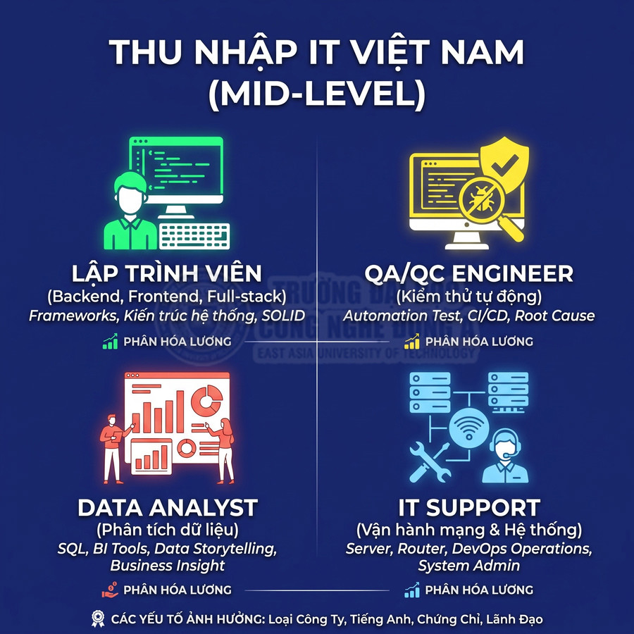 Thu nhập IT Việt Nam mid level cho lập trình viên, QA QC engineer, data analyst và IT support