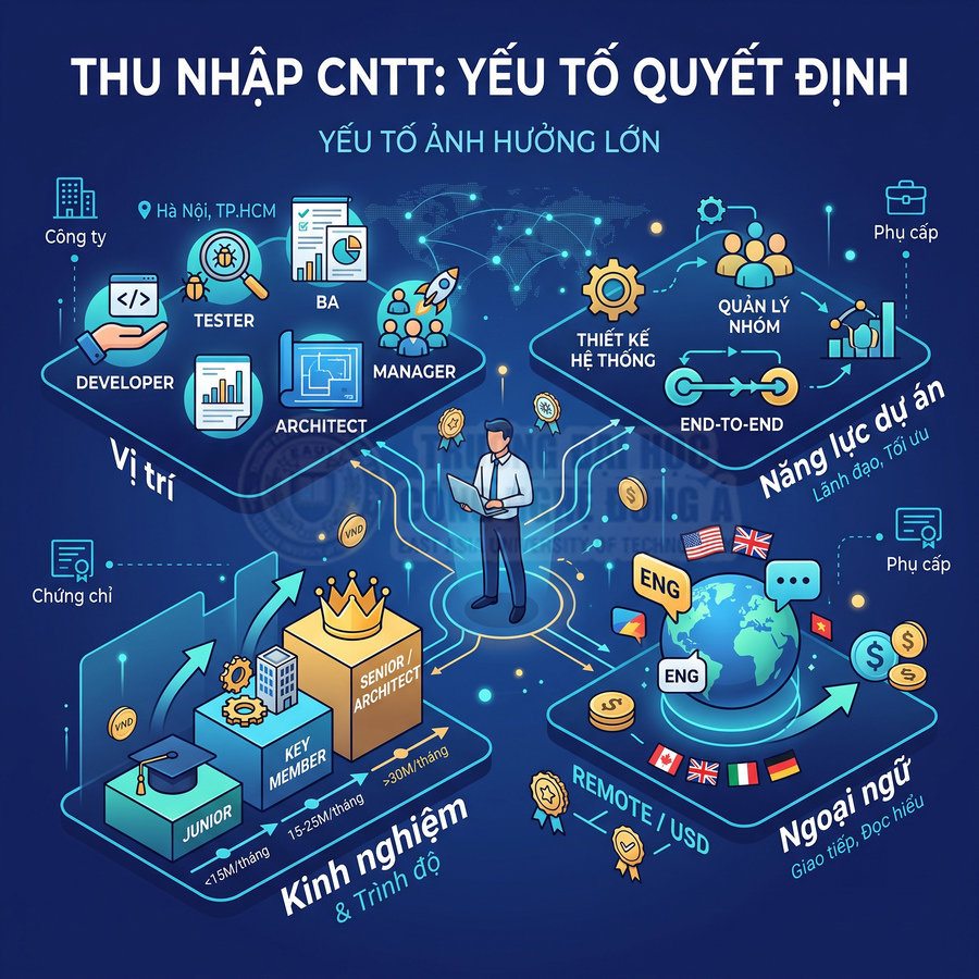 Infographic các yếu tố quyết định thu nhập ngành CNTT như vị trí, kinh nghiệm, năng lực dự án và ngoại ngữ