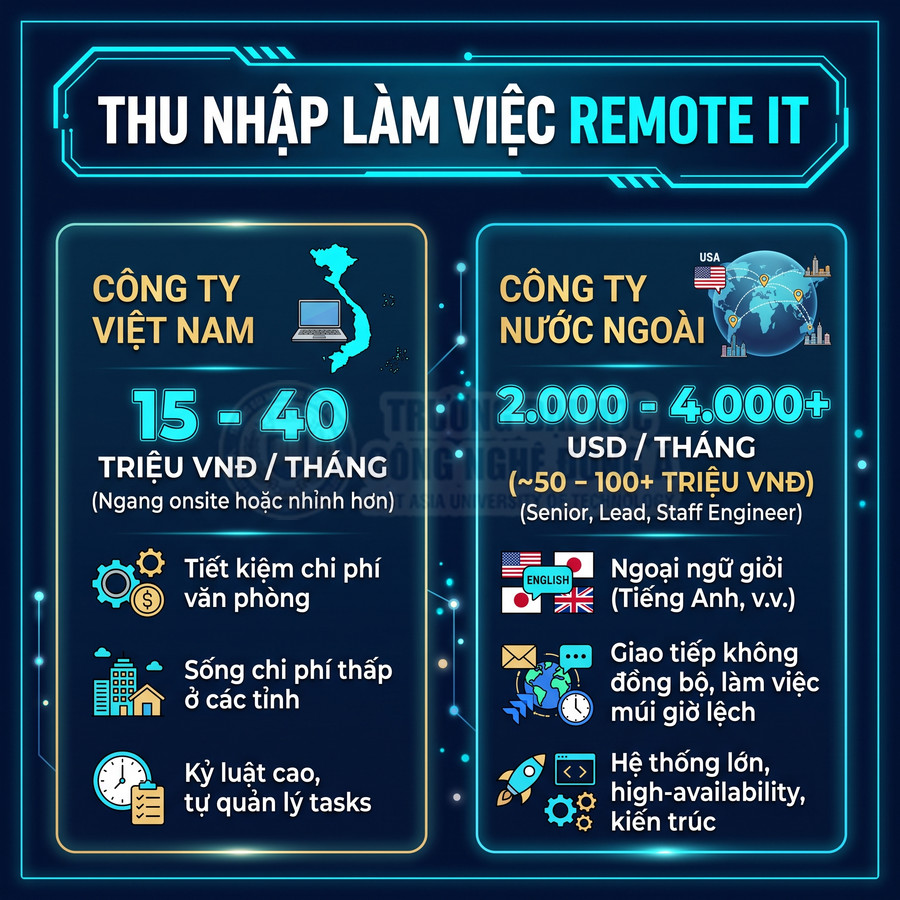 Infographic so sánh thu nhập làm việc remote IT cho công ty Việt Nam và công ty nước ngoài