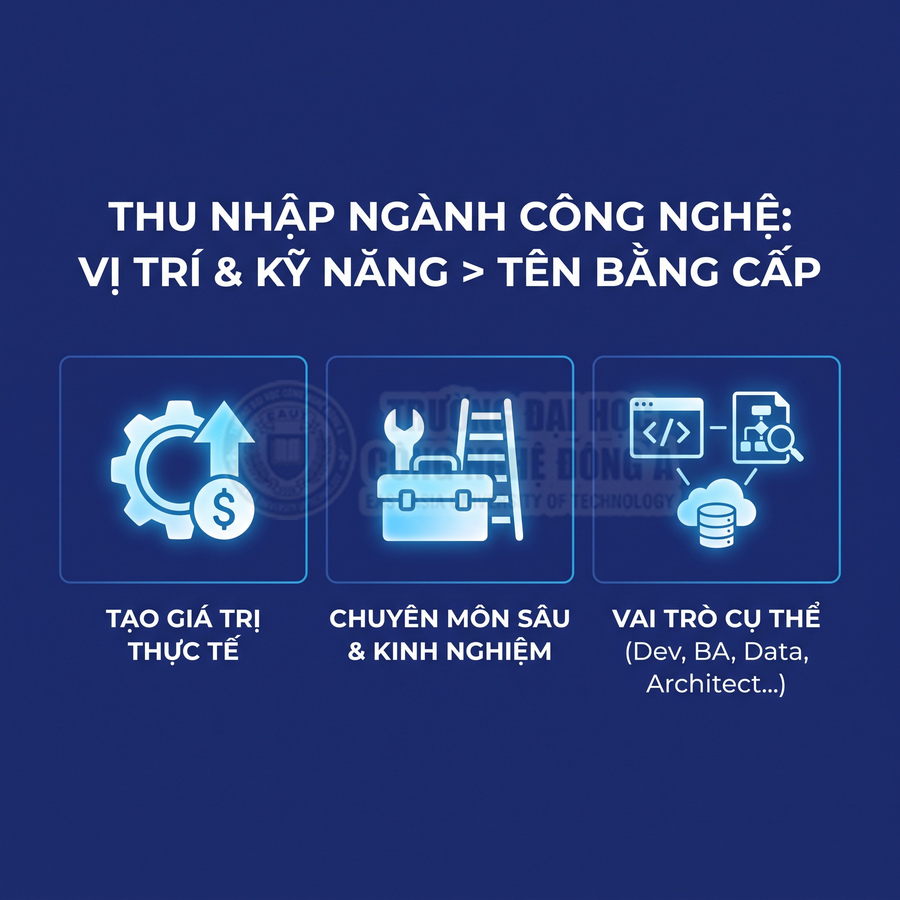 Banner thu nhập ngành công nghệ nhấn mạnh vị trí và kỹ năng quan trọng hơn bằng cấp, kèm ba biểu tượng minh họa
