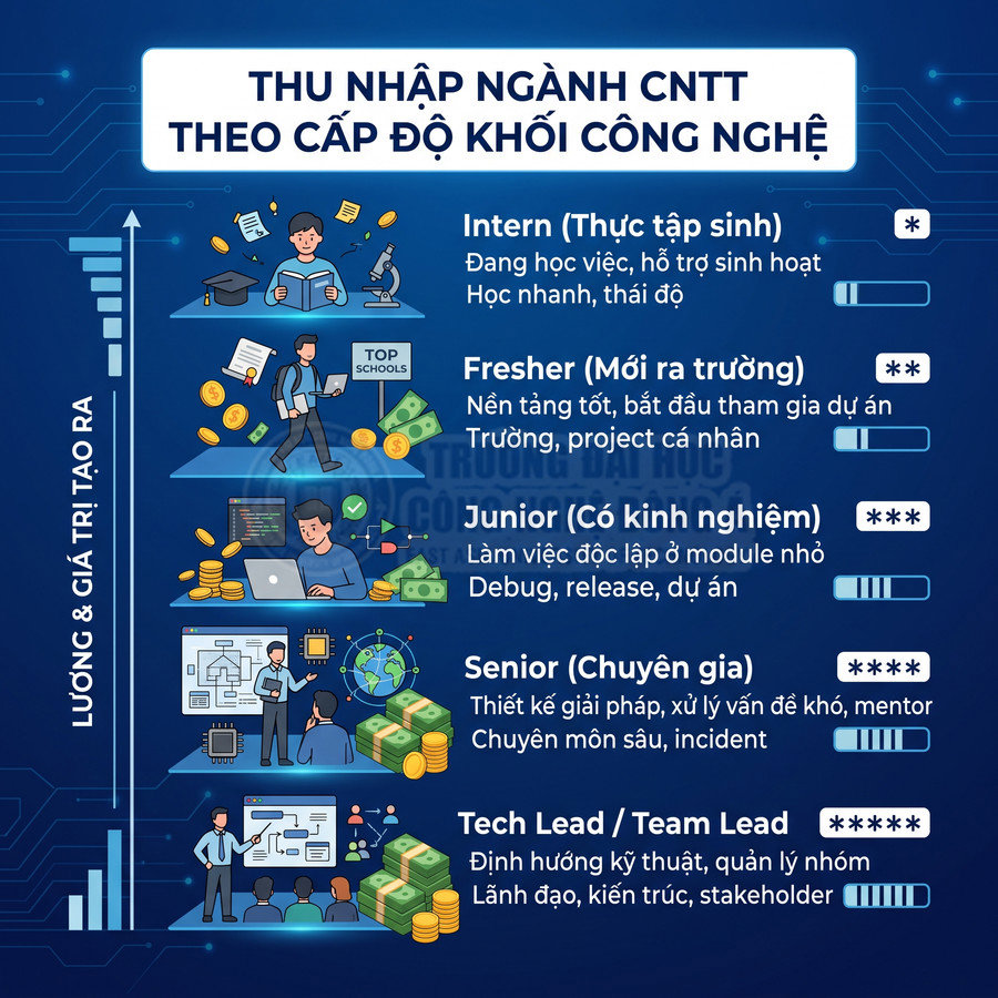 Thu nhập ngành CNTT theo cấp bậc từ intern đến tech lead với mô tả kỹ năng và mức lương tăng dần