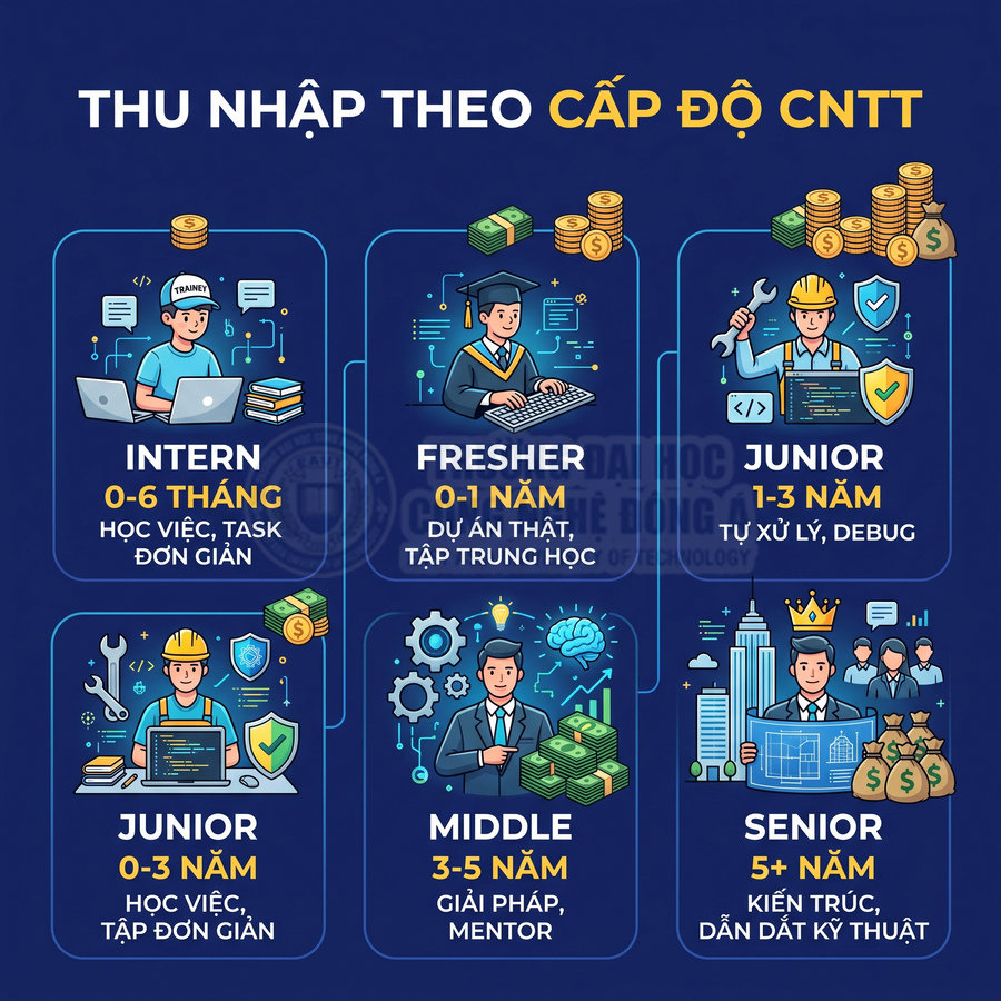 Thu nhập theo cấp độ ngành CNTT từ intern đến senior với mô tả kinh nghiệm và mức độ công việc