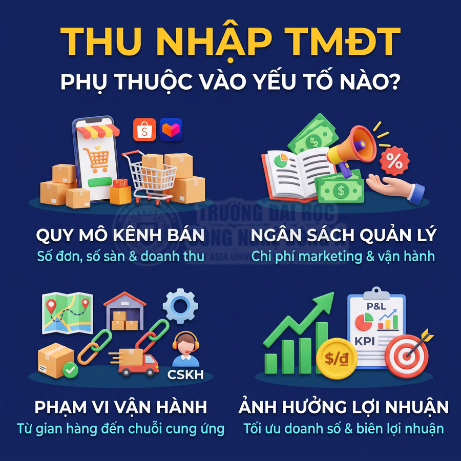 Các yếu tố ảnh hưởng thu nhập TMĐT gồm quy mô kênh bán, ngân sách quản lý, phạm vi vận hành và lợi nhuận