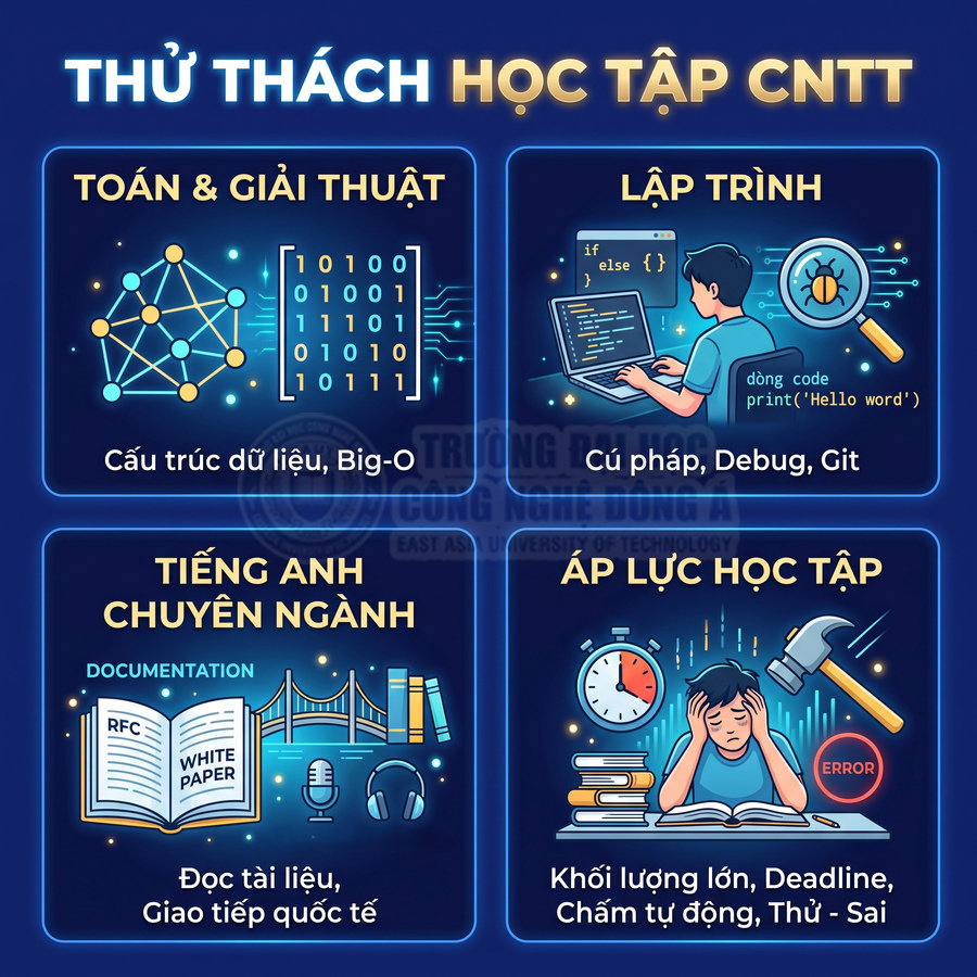 Thử thách học tập ngành CNTT với toán giải thuật, lập trình, tiếng Anh chuyên ngành và áp lực học tập