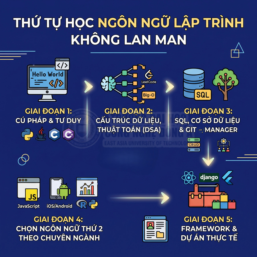 Lộ trình 5 giai đoạn học ngôn ngữ lập trình từ cú pháp, thuật toán, SQL đến framework và dự án thực tế