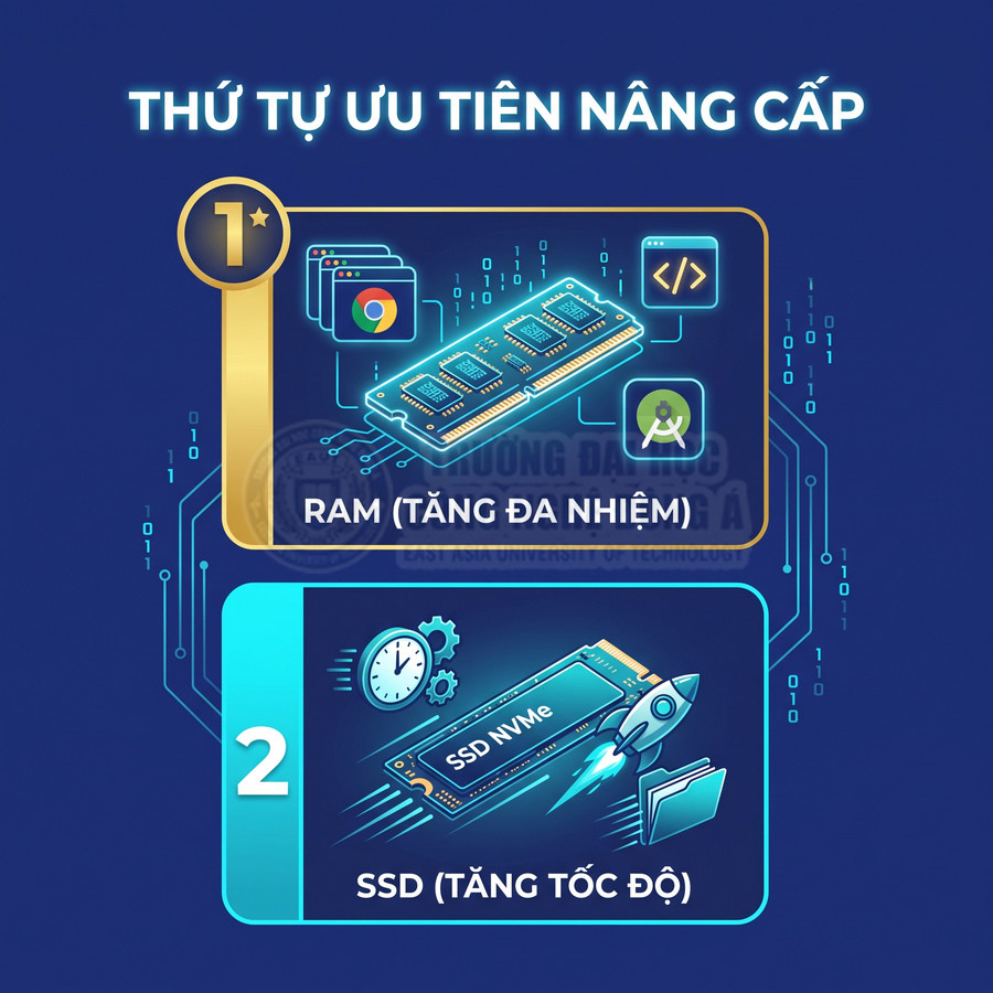 Thứ tự ưu tiên nâng cấp máy tính với RAM tăng đa nhiệm và SSD NVMe tăng tốc độ hệ thống