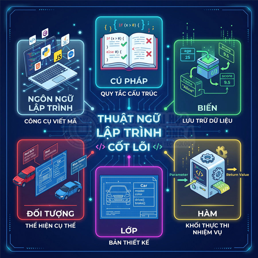 Infographic giới thiệu các thuật ngữ lập trình cốt lõi như ngôn ngữ, cú pháp, biến, đối tượng, lớp và hàm