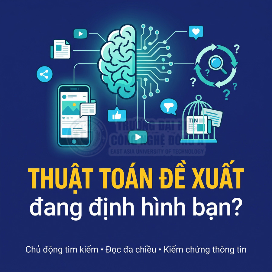Minh họa thuật toán đề xuất định hình bạn với não AI, điện thoại và biểu tượng tìm kiếm thông tin trên mạng xã hội