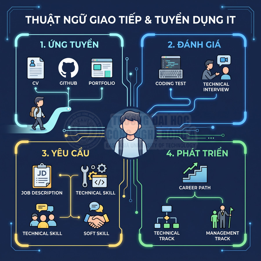 Thuật ngữ giao tiếp và tuyển dụng IT với các bước ứng tuyển, đánh giá, yêu cầu và phát triển sự nghiệp