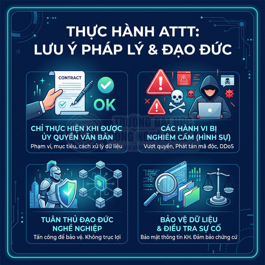 Infographic lưu ý pháp lý và đạo đức trong an toàn thông tin, nhấn mạnh ủy quyền, cấm tấn công, bảo vệ dữ liệu