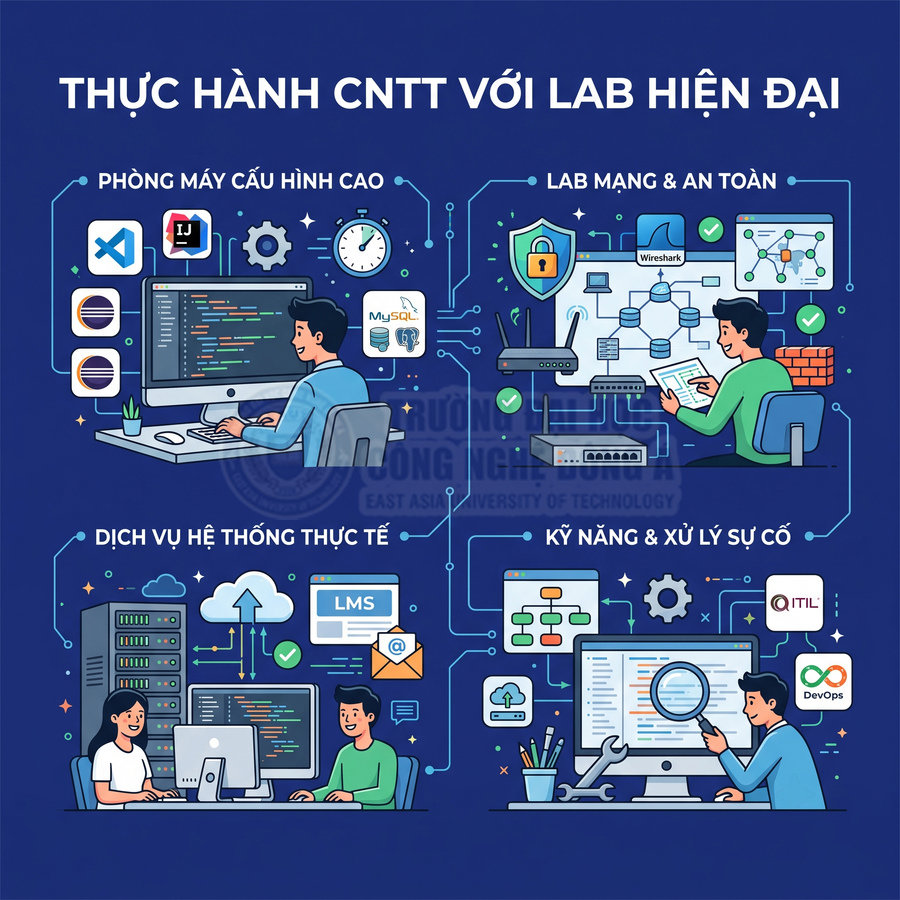 Sinh viên thực hành công nghệ thông tin với phòng lab hiện đại, lập trình, mạng, hệ thống và kỹ năng xử lý sự cố