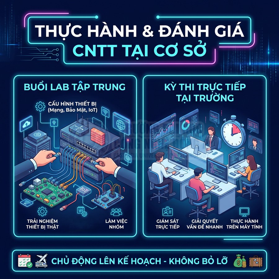 Poster khóa học thực hành và đánh giá CNTT với buổi lab cấu hình thiết bị và kỳ thi trực tiếp trên máy tính