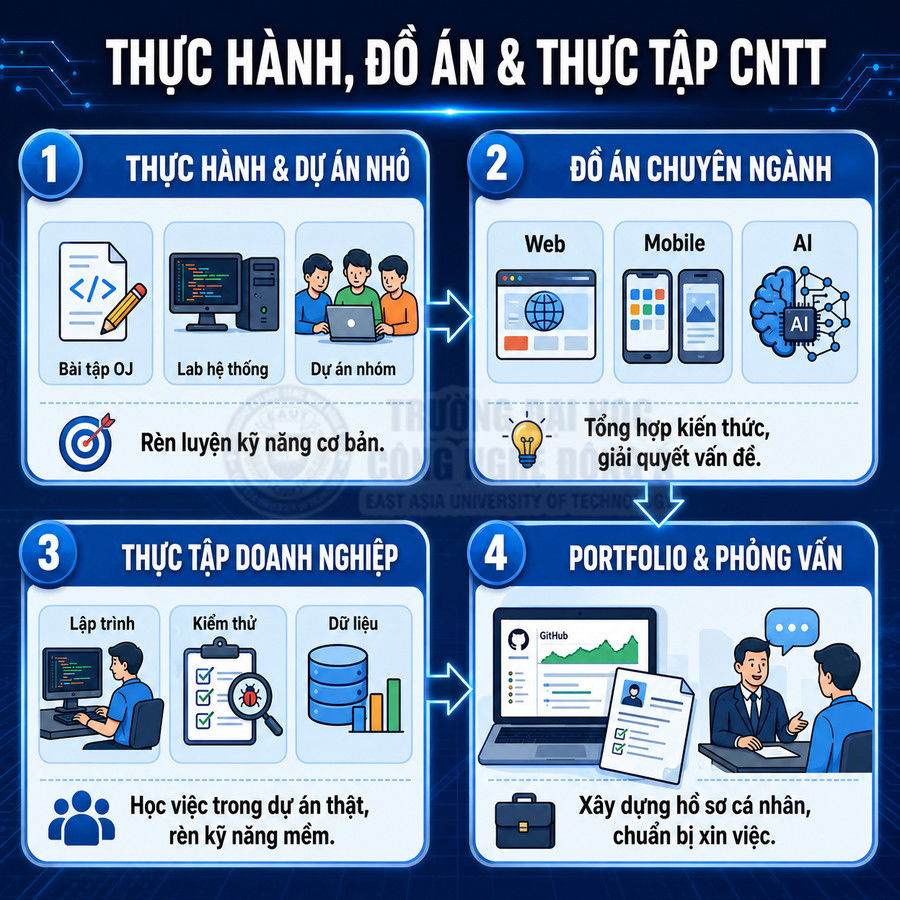 Lộ trình thực hành, làm đồ án và thực tập ngành CNTT từ dự án nhỏ đến portfolio và phỏng vấn xin việc