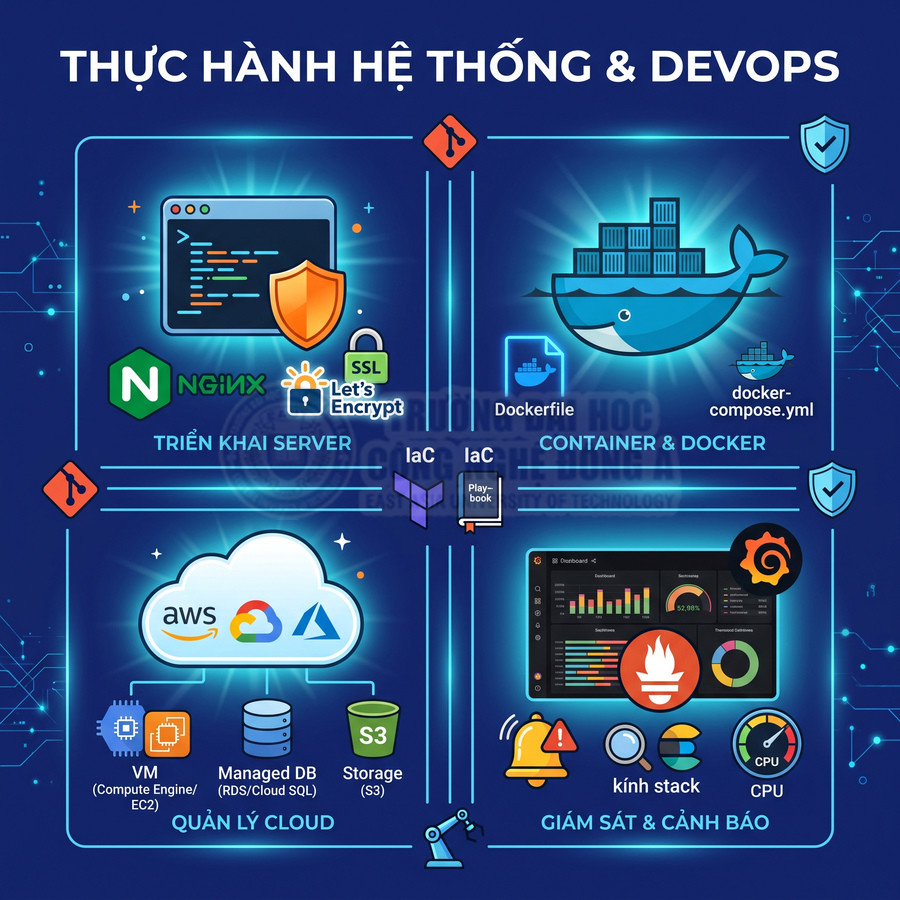 Minh họa khóa học thực hành hệ thống DevOps với Nginx, Docker, AWS, Google Cloud, Azure và giám sát hạ tầng