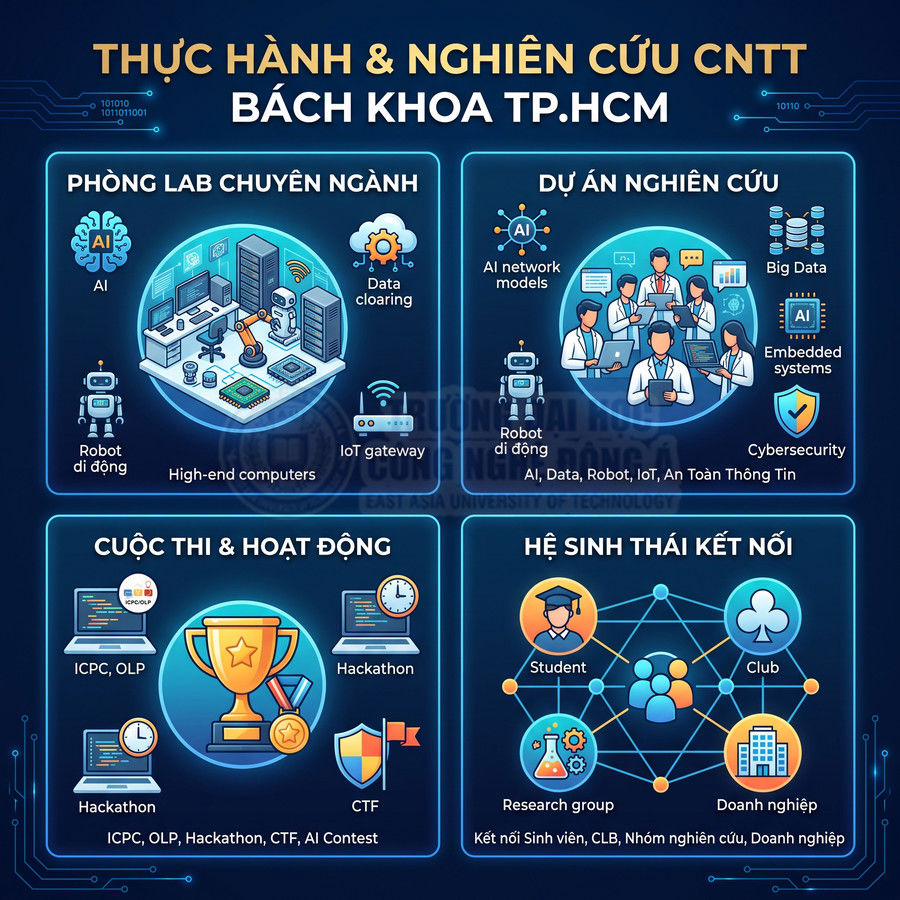Infographic giới thiệu thực hành và nghiên cứu CNTT Bách Khoa TP.HCM với phòng lab, dự án AI, cuộc thi và hệ sinh thái kết nối
