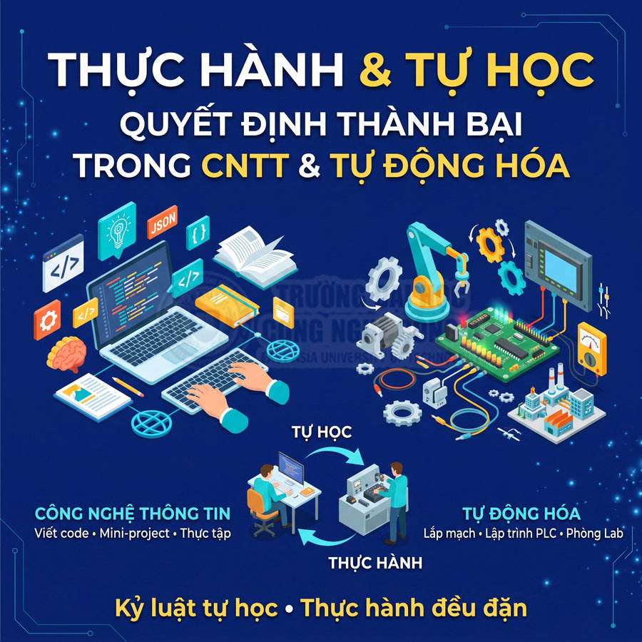 Áp phích khuyến khích tự học và thực hành công nghệ thông tin, lập trình và tự động hóa với PLC, robot công nghiệp và mạch điện tử