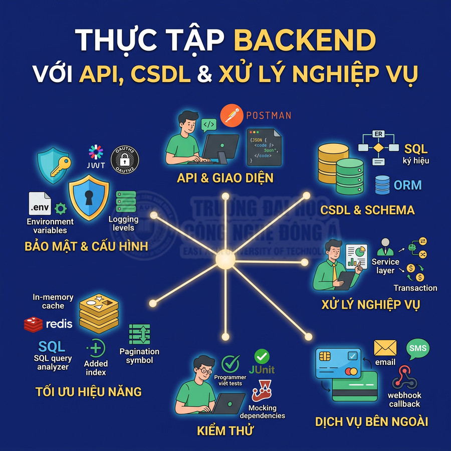 Poster khóa thực tập backend với API, cơ sở dữ liệu, xử lý nghiệp vụ, bảo mật, tối ưu hiệu năng và kiểm thử