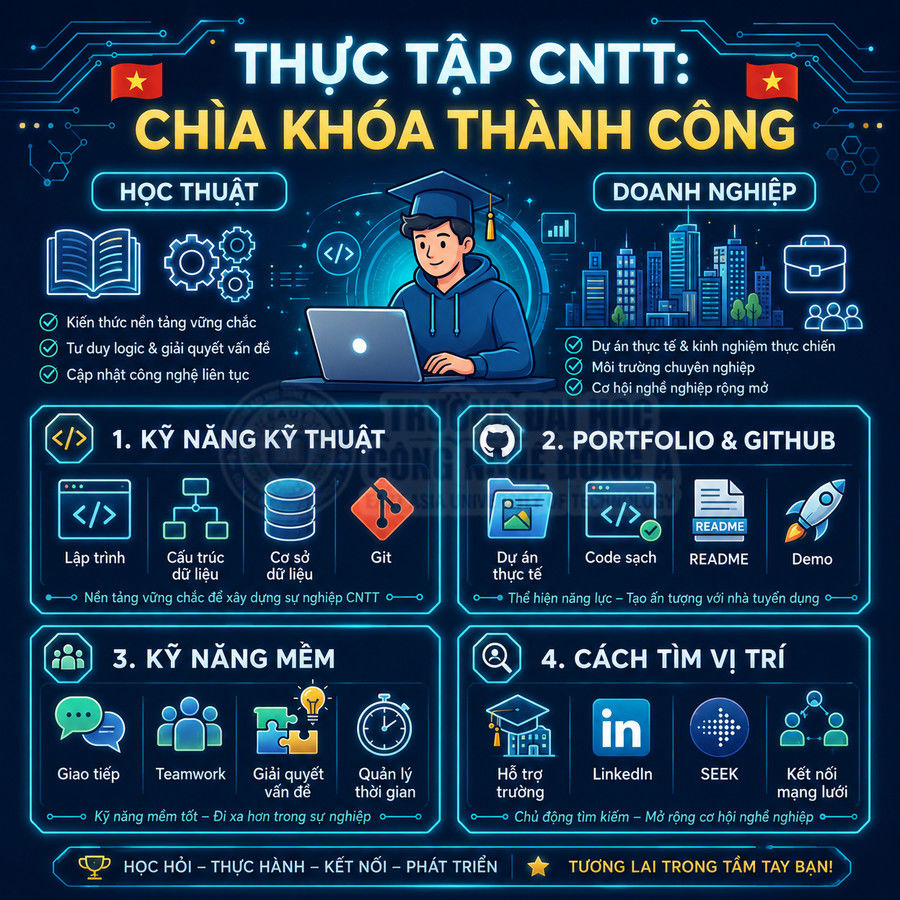 Infographic hướng dẫn thực tập CNTT với kỹ năng kỹ thuật, portfolio, kỹ năng mềm và cách tìm vị trí việc làm