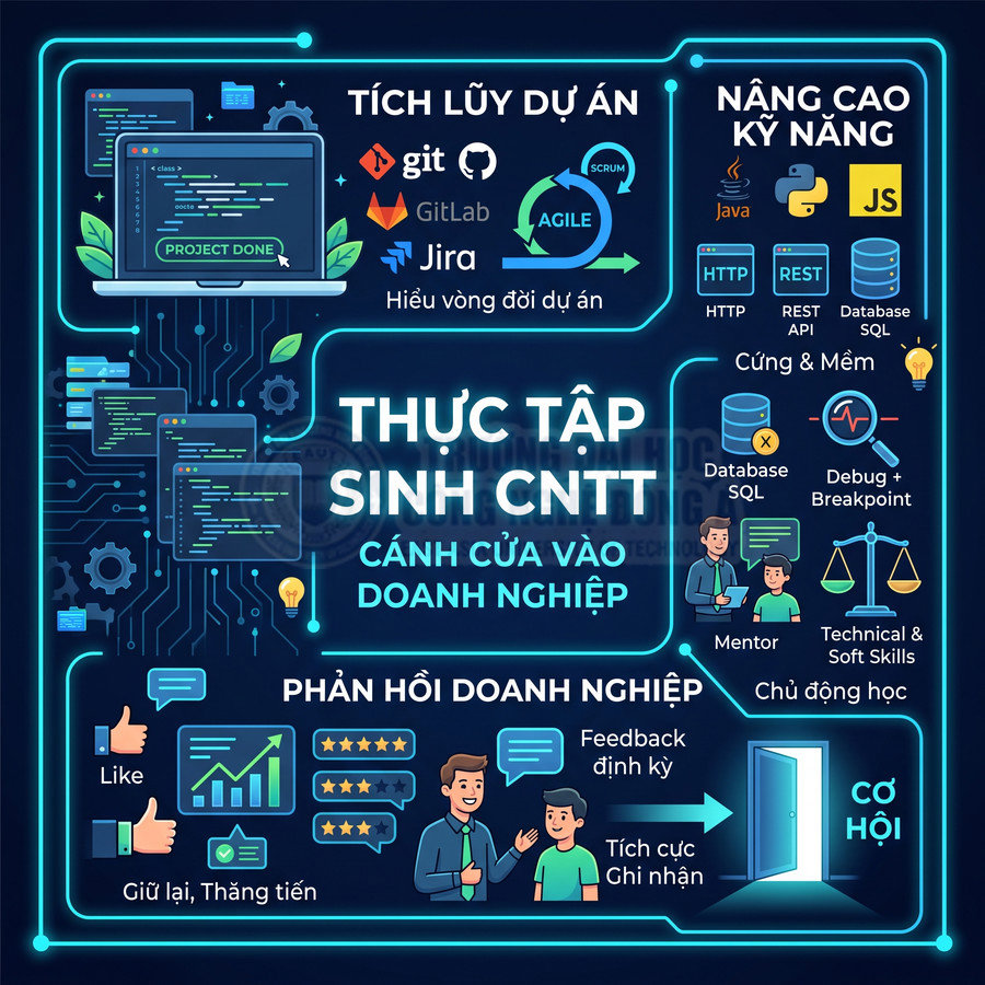 Infographic giới thiệu lợi ích thực tập sinh CNTT, tích lũy dự án, nâng cao kỹ năng và cơ hội vào doanh nghiệp
