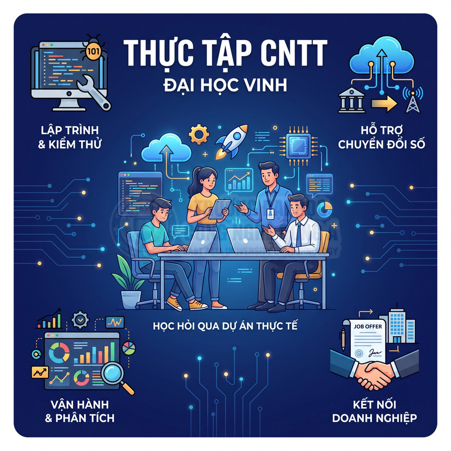 Chương trình thực tập CNTT Đại học Vinh với dự án thực tế, lập trình, phân tích dữ liệu và kết nối doanh nghiệp
